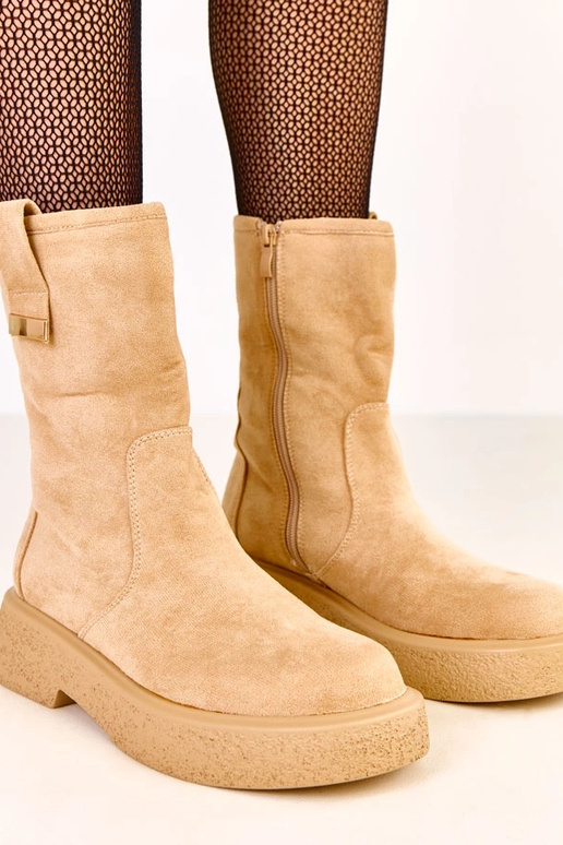 Beżowe botki ekozamszowe ze złotą...