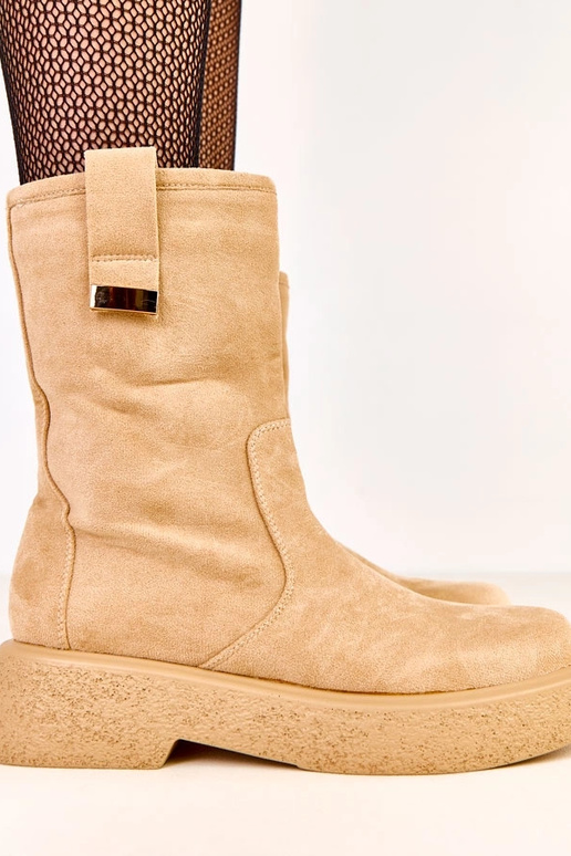 Beżowe botki ekozamszowe ze złotą...