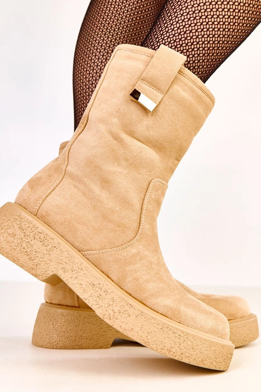 Beżowe botki ekozamszowe ze złotą...