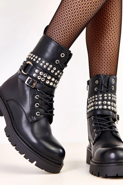 Czarne traperki damskie z dżetami Ladora