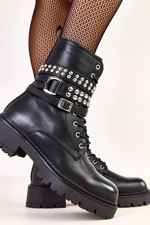 Czarne traperki damskie z dżetami Ladora