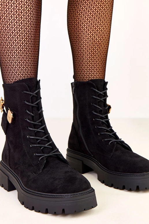 Czarne traperki damskie ze złotym...