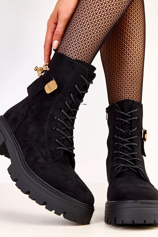 Czarne traperki damskie ze złotym...