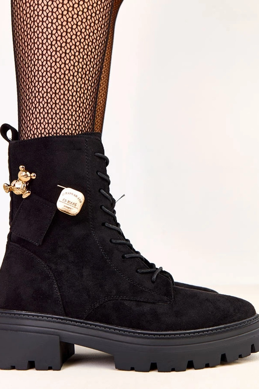 Czarne traperki damskie ze złotym...