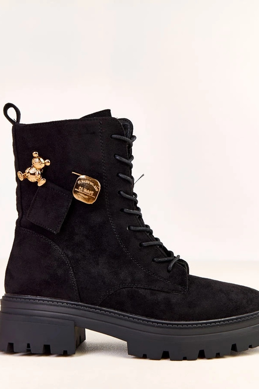 Czarne traperki damskie ze złotym...