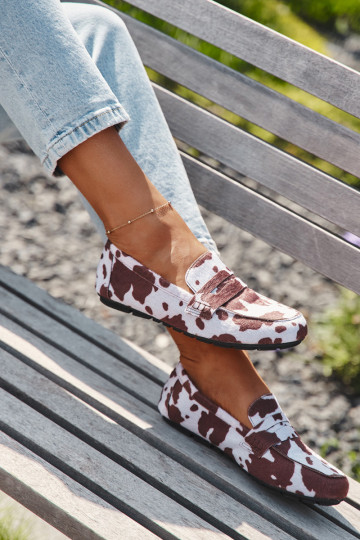 Loafersy Mokasyny Damskie Płaskie W Łaty Brązowo-Białe Soreline