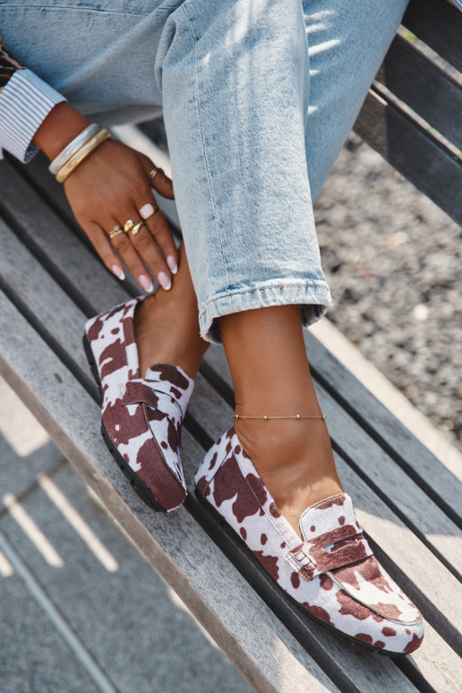 Loafersy Mokasyny Damskie Płaskie W Łaty Brązowo-Białe Soreline Loafersy Mokasyny Damskie Płaskie W Łaty Brązowo-Białe Soreline