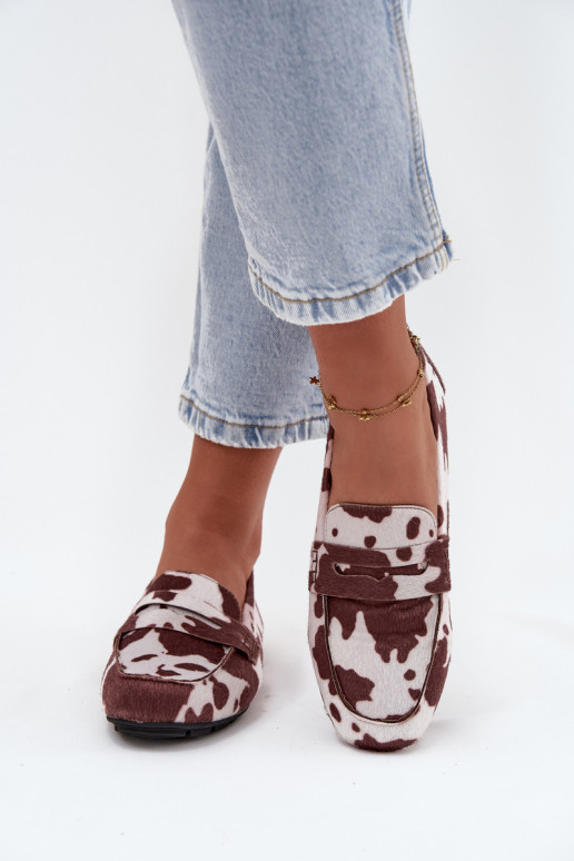 Loafersy Mokasyny Damskie Płaskie W Łaty Brązowo-Białe Soreline Loafersy Mokasyny Damskie Płaskie W Łaty Brązowo-Białe Soreline