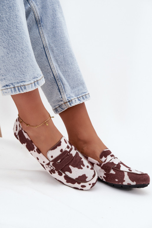 Loafersy Mokasyny Damskie Płaskie W Łaty Brązowo-Białe Soreline Loafersy Mokasyny Damskie Płaskie W Łaty Brązowo-Białe Soreline