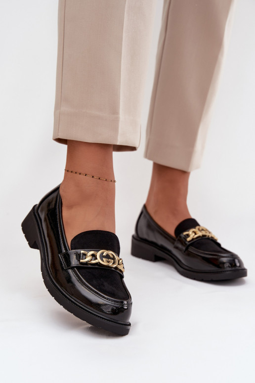 Patent Leather Women's Loafers with Gold Ornament S.Barski HY52-540 Black