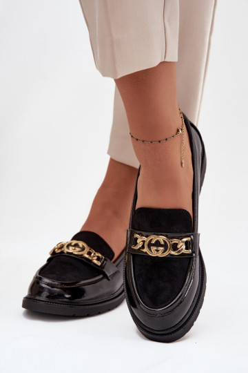 Patent Leather Women's Loafers with Gold Ornament S.Barski HY52-540 Black 2