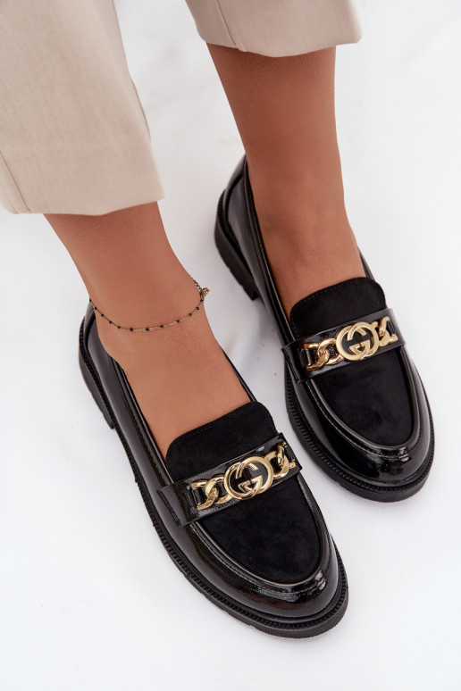 Patent Leather Women's Loafers with Gold Ornament S.Barski HY52-540 Black