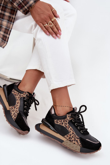 Skórzane Sneakersy Damskie Na Platformie Panterka Artiker 55C0134 Czarne