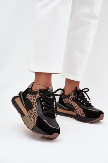 Skórzane Sneakersy Damskie Na Platformie Panterka Artiker 55C0134 Czarne 2