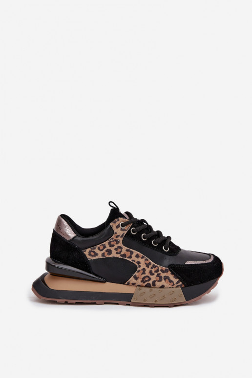 Skórzane Sneakersy Damskie Na Platformie Panterka Artiker 55C0134 Czarne