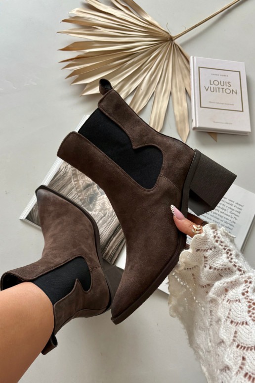 Skórzane Zamszowe Botki Damskie Na Słupku Ocieplane Artiker 57C0047 Brązowe