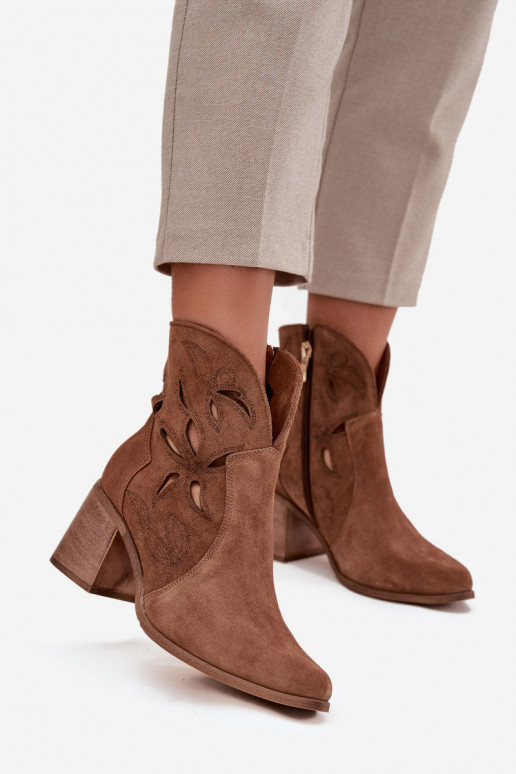 Women's Openwork Ankle Boots Made of Natural Suede on Heel Zazoo 3690 Brown