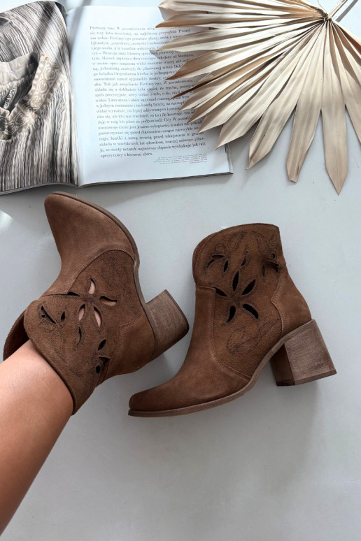 Women's Openwork Ankle Boots Made of Natural Suede on Heel Zazoo 3690 Brown