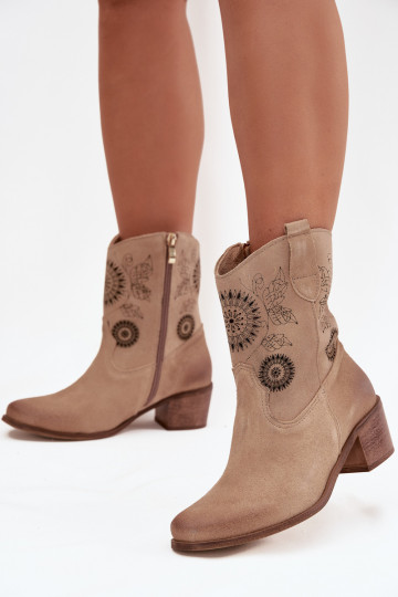 Suede Leather Women's Ankle Boots Perforated Heel Zazoo 3844 Beige 2