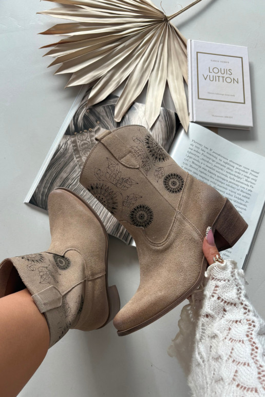 Suede Leather Women's Ankle Boots Perforated Heel Zazoo 3844 Beige