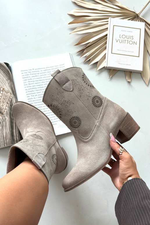 Zamszowe Skórzane Botki Damskie Ażurowe Na Obcasie Zazoo 3844 Cappuccino