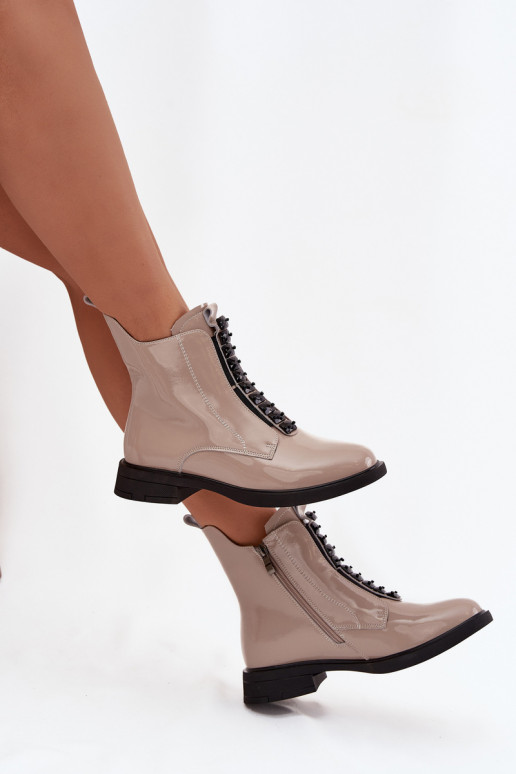 Lacquered women's ankle boots made of genuine leather D A MR52 108 beige