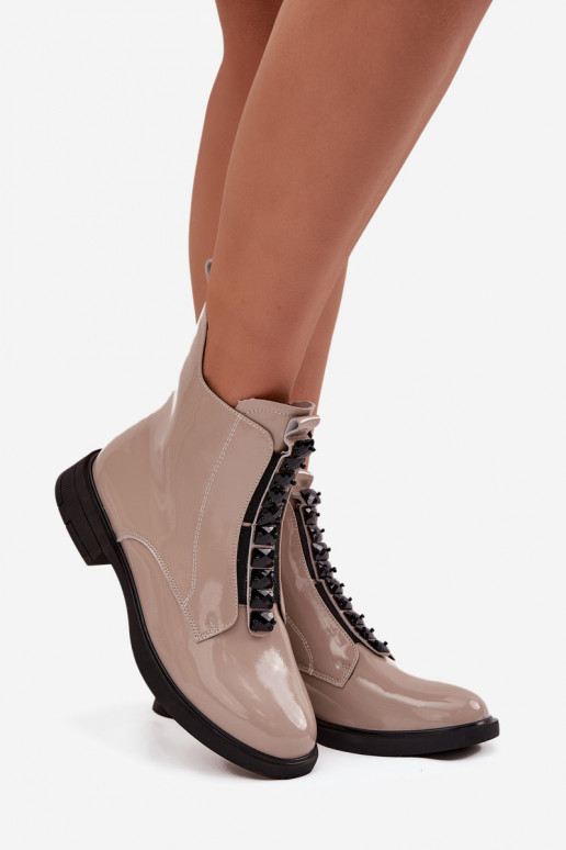 Lakierowane Botki DamskiewithNaturalnej Skóry D&A MR52-108 Beżowe
