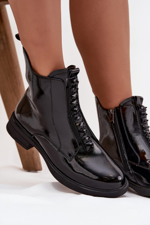 Lakierowane Botki DamskiewithNaturalnej Skóry D&A MR52-108 Czarne