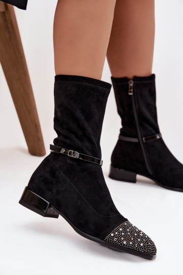 Women's Low Heel Ankle Boots with Embellishment and Strap D&A MR52-165 Black