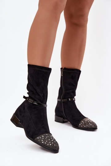 Women's Low Heel Ankle Boots with Embellishment and Strap D&A MR52-165 Black 2