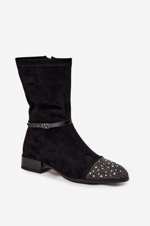 Women's Low Heel Ankle Boots with Embellishment and Strap D&A MR52-165 Black