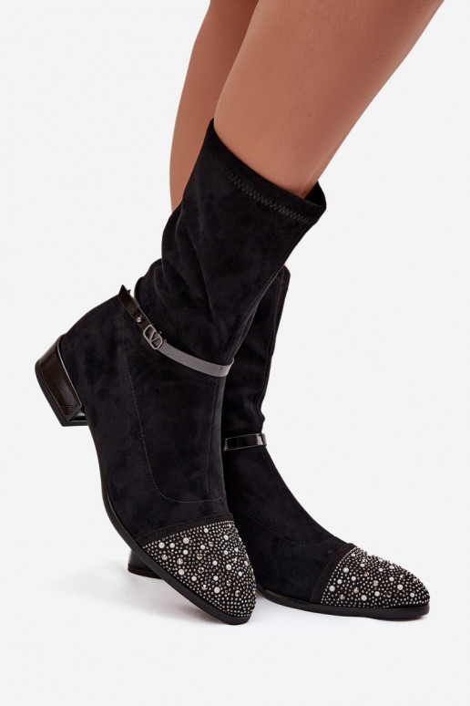 Women's Low Heel Ankle Boots with Embellishment and Strap D&A MR52-165 Black