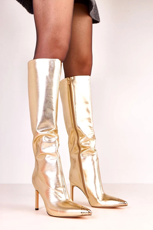 Złote kozaki eleganckie z metalowym...