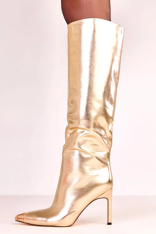 Złote kozaki eleganckie z metalowym...