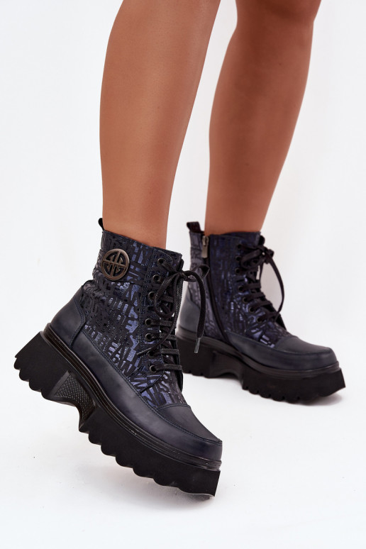 Leather Women's Platform Boots with Texts and Decorative Detail Artiker 57C2271 Navy Blue