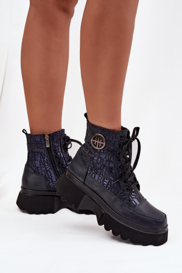 Leather Women's Platform Boots with Texts and Decorative Detail Artiker 57C2271 Navy Blue 2
