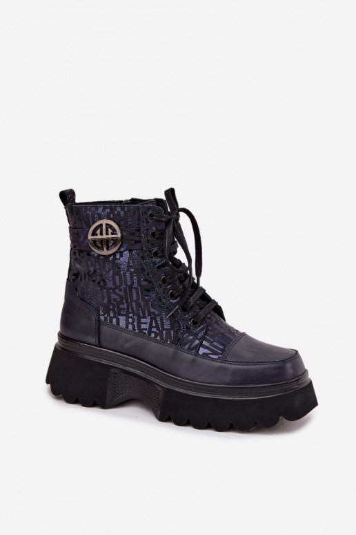 Leather Women's Platform Boots with Texts and Decorative Detail Artiker 57C2271 Navy Blue
