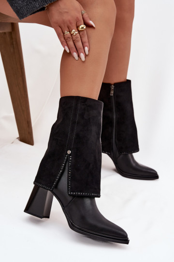 Leather Women's Ankle Boots on Heel with Turned Shaft Heated Maciejka K7206-01 Black