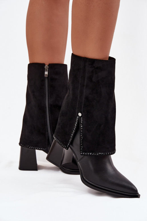 Skórzane Botki Damskie Na SłupkuwithWywiniętą Cholewką Ocieplane Maciejka K7206-01 Czarne
