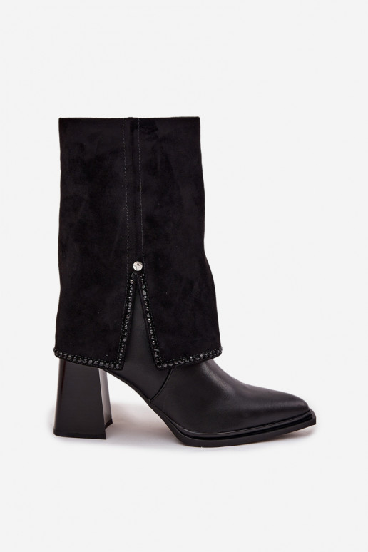 Skórzane Botki Damskie Na SłupkuwithWywiniętą Cholewką Ocieplane Maciejka K7206-01 Czarne