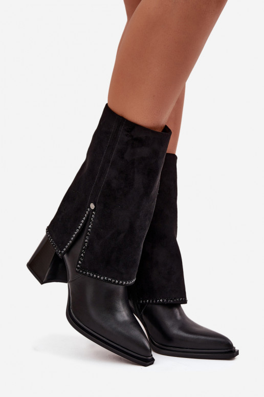Skórzane Botki Damskie Na SłupkuwithWywiniętą Cholewką Ocieplane Maciejka K7206-01 Czarne
