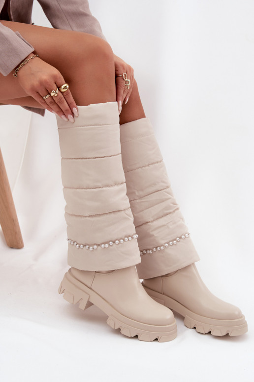 Women's Insulated Boots with Pearls Light Beige Irvette