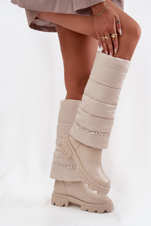 Women's Insulated Boots with Pearls Light Beige Irvette