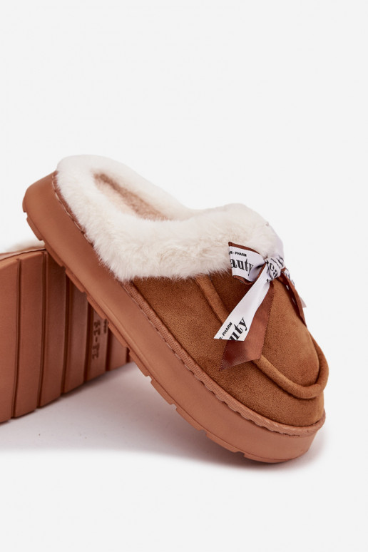 Women's slippers with fur and bow brown Fenella