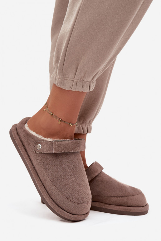 Women's slippers with strap Insulated with fur Dark beige Rilena