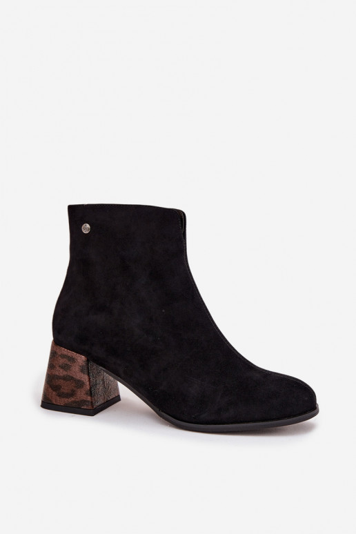 Skórzane Zamszowe Botki Damskie Na Słupku Maciejka K7202-01 Czarne