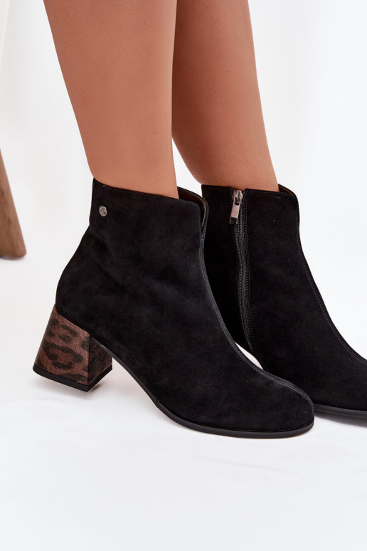 Skórzane Zamszowe Botki Damskie Na Słupku Maciejka K7202-01 Czarne