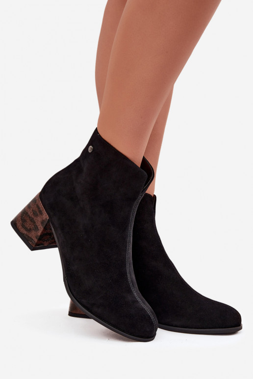 Skórzane Zamszowe Botki Damskie Na Słupku Maciejka K7202-01 Czarne