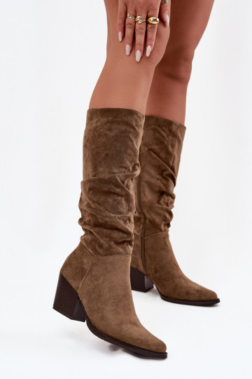 Women's boots with ruched upper on heel lined green Paelina