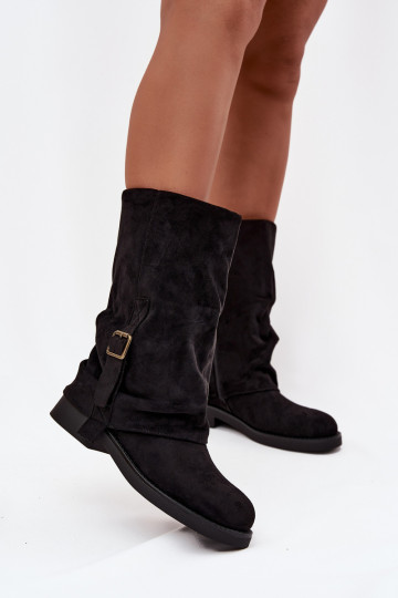 Women's Boots with Turned Cuff to Mid-Calf with Buckle Black Minelle